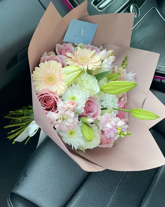 Pastel gerbera and lily bouquet by Amorella Flower Boutique