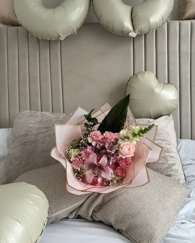 Pink rose and alstroemeria bouquet by Amorella Flower Boutique