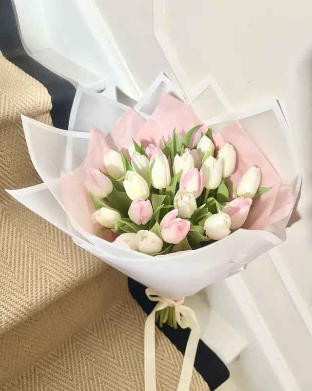 Pink and white tulip bouquet by Amorella Flower Boutique
