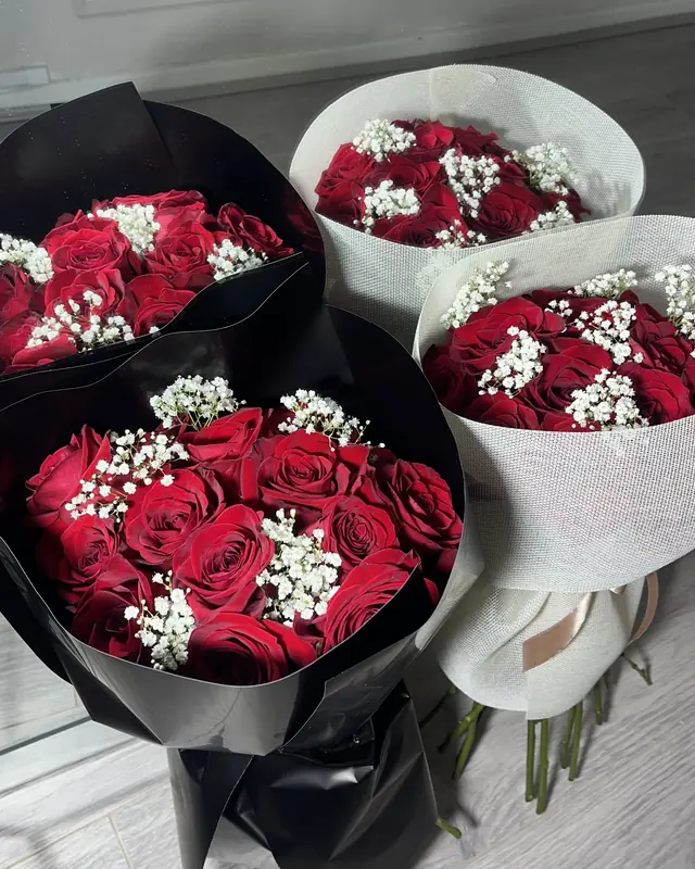 Red rose and gypsophila bouquets by Amorella Flower Boutique